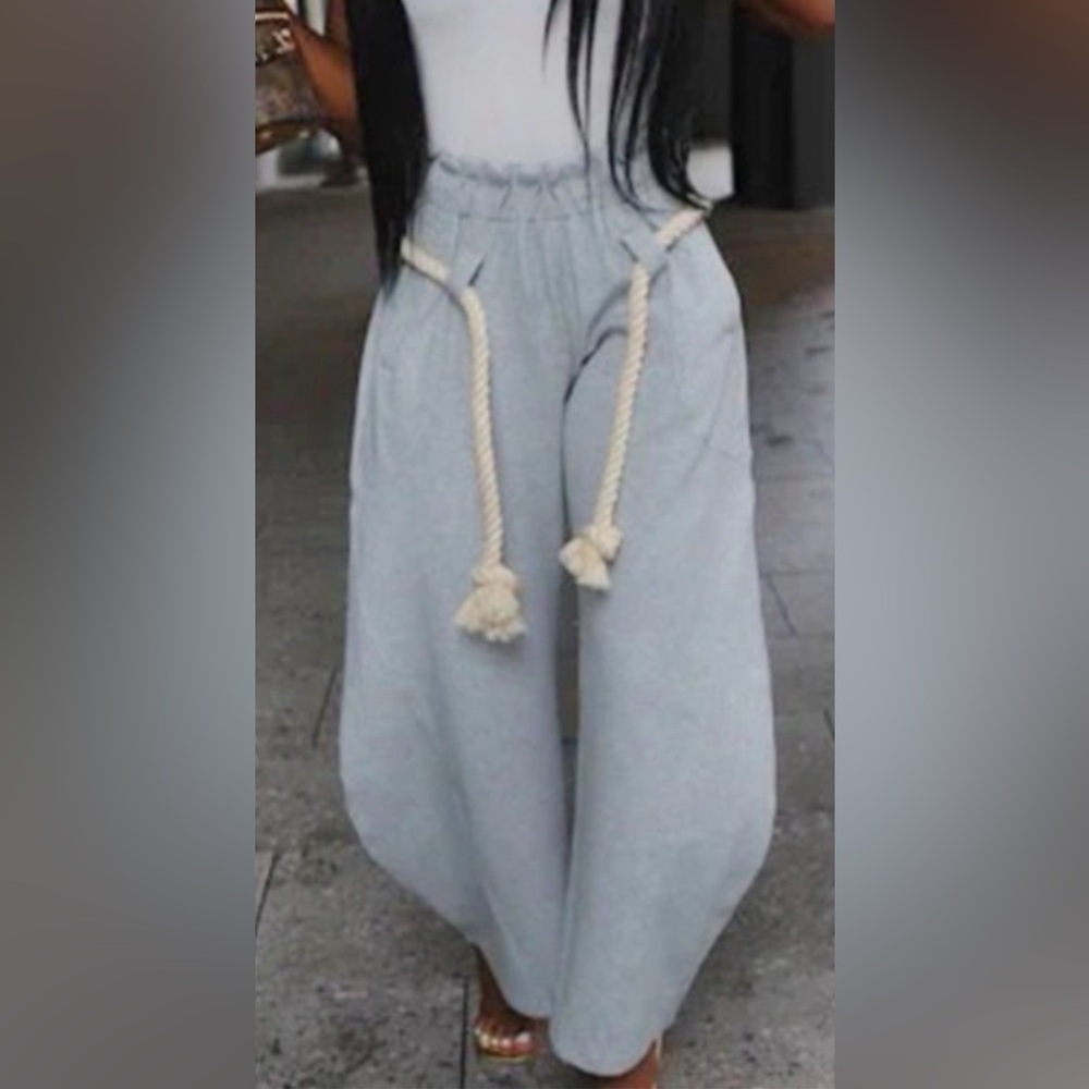 Casual Gray Wide-Leg Pants with Rope Detail